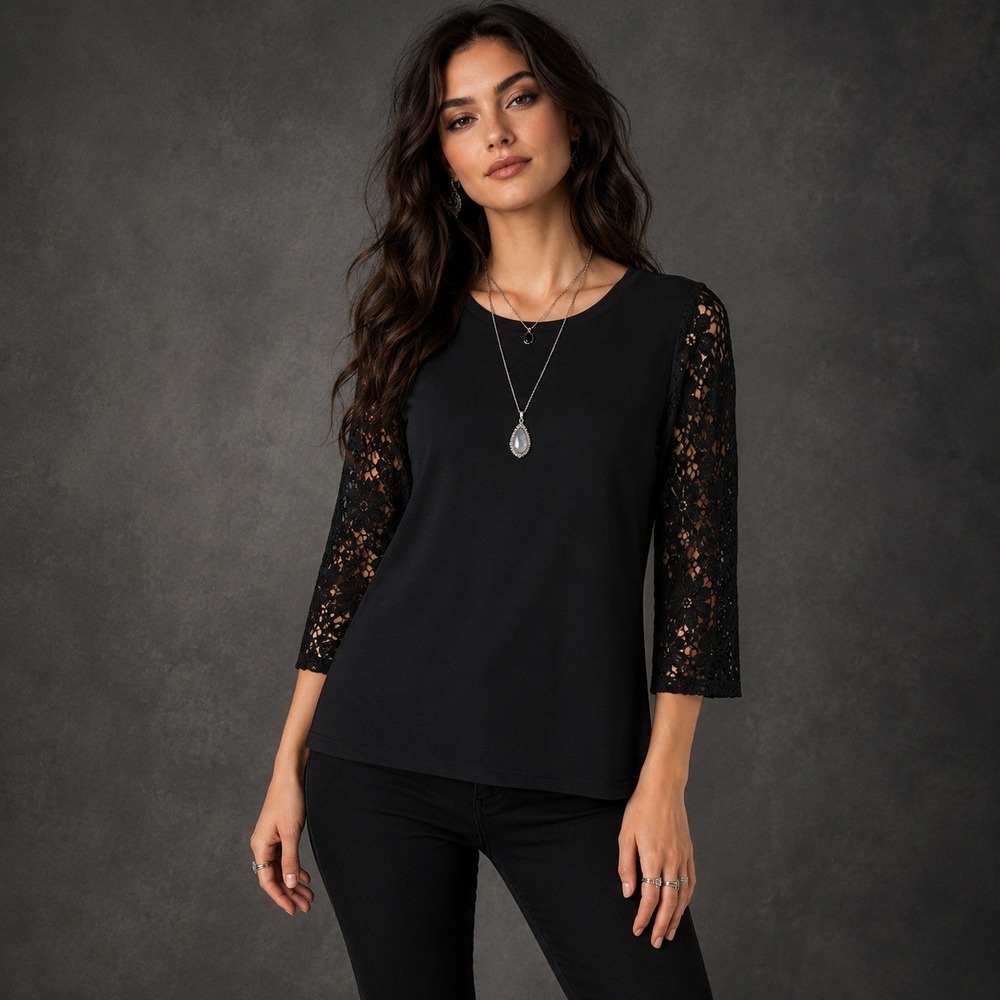 Denim & Co Black Lace Sleeve Knit Top Womens Small Gothic Witchy 3/4 Sleeve